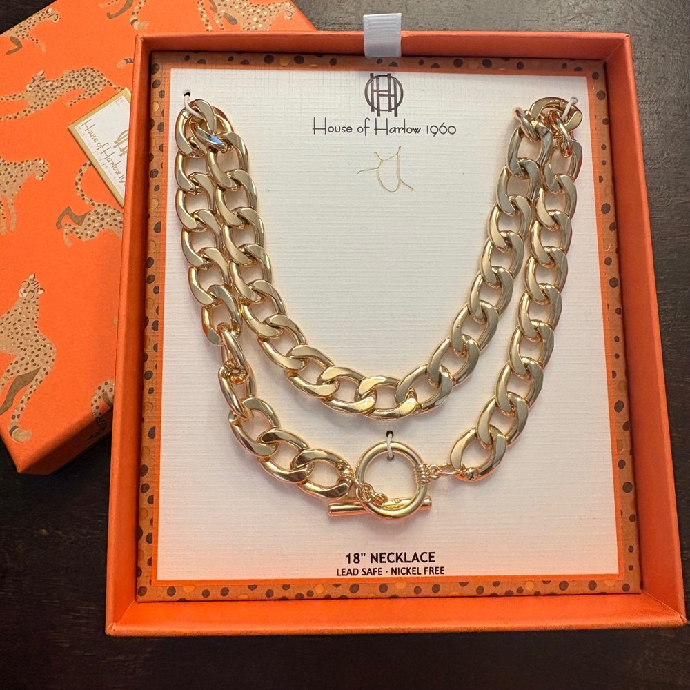 House of Harlow 1960 Gold Chunky Double Curb Chain Toggle Necklace NIB
